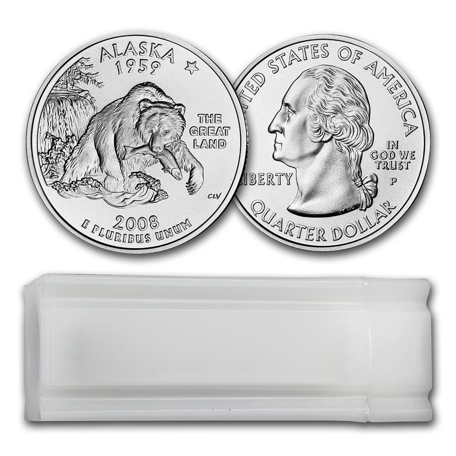 2008-P Alaska Statehood Quarter 40-Coin Roll: 2008-P Alaska Statehood Quarter 40-Coin Roll BU SKU no: RBJ13345 Year: 2008 Grade: Brilliant Unc Grade Service: None Denomination: 25 Cents Mint Mark: P - Philadelphia Metal Content: 0 tr
