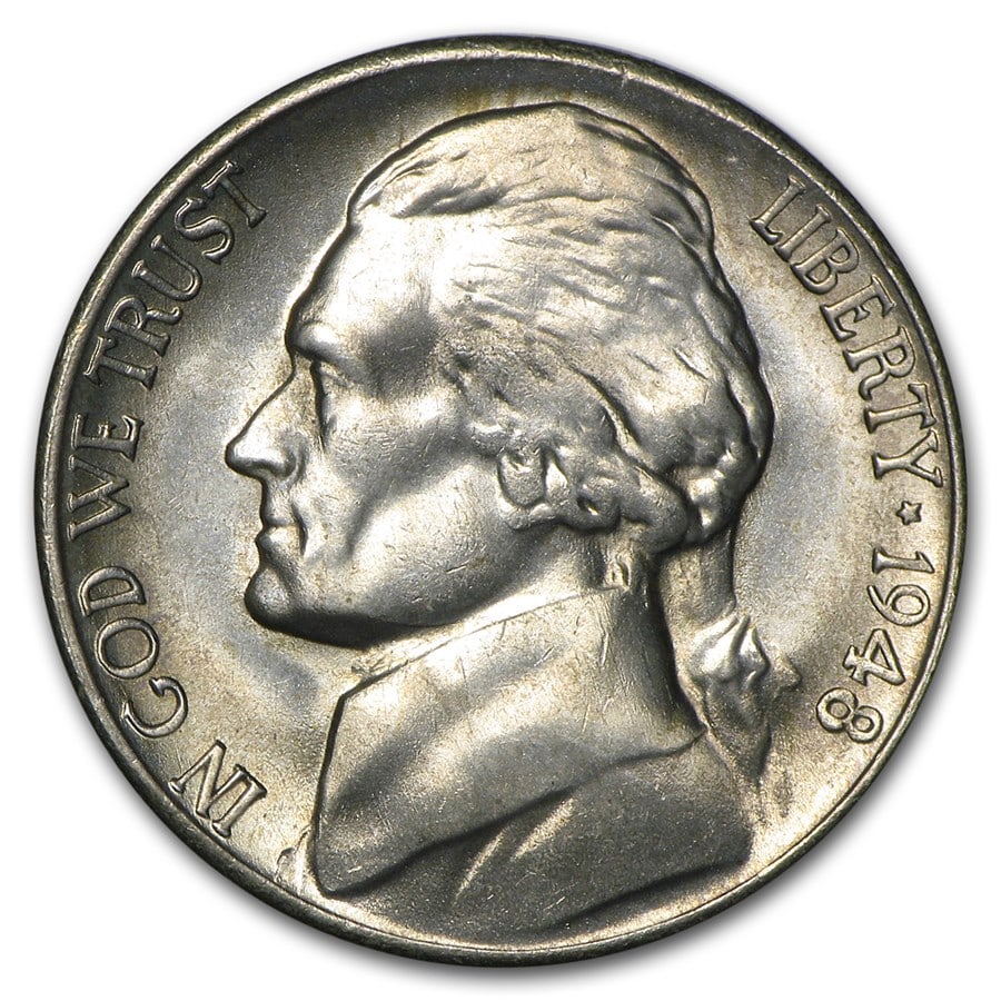 1948-S Jefferson Nickel BU: 1948-S Jefferson Nickel BU SKU no: RBJ13028 Year: 1948 Grade: Brilliant Unc Grade Service: None Denomination: 5 Cents Mint Mark: S - San Francisco Metal Content: 0 troy oz Purity