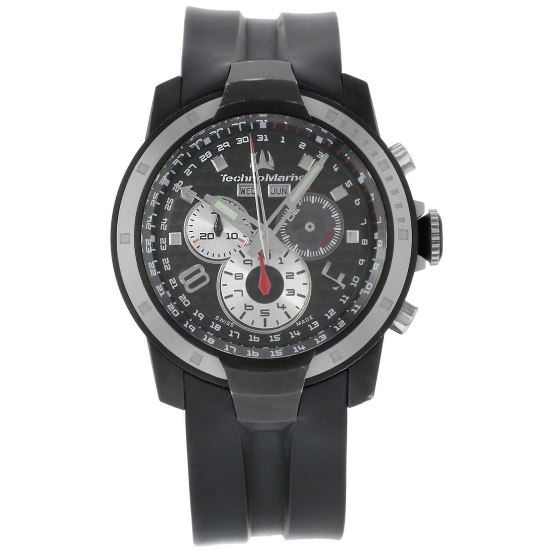 Technomarine UF6 Chronograph Black Dial Rubber: Technomarine UF6 Chronograph Black Dial Rubber Band Steel Quartz Mens Watch Brand: Technomarine Case Shape: Round Movement: Quartz Place of Origin: Switzerland Period: 2010- Date of Manufacture: