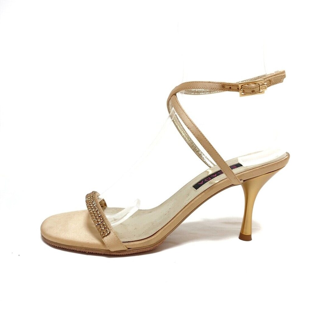 Auth ESCADA - Beige Gold Satin: Auth ESCADA - Beige Gold Satin Leather Sandals Condition: Pre-owned Brand: ESCADA Style: Sandals Color: Beige, Gold Upper Material: Satin, Leather Accessories: Dust Bag Spare Heel Lift Dust Bag fo