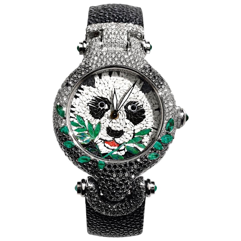 Watch White Gold White and Black: Watch White Gold White and Black Diamonds Emeralds Galuchat Strap Nano Mosaic Brand: Sicis Jewels Case Material: 18k Gold, White Gold Stone: White Diamond, Black Diamond, Emerald Stone Cut: Brillia