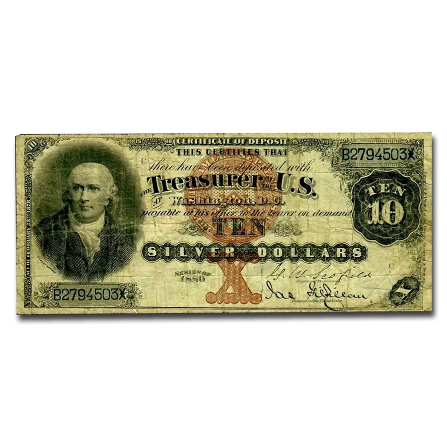 1880 $10 Silver Certificate Robert Morris: 1880 $10 Silver Certificate Robert Morris Fine-15 PCGS (Fr#287) SKU no: RBJ304781 Year: 1880 Grade: Fine - 15 Grade Service: PCGS Denomination: 10 Dollars Mint Mark: N/A - Not Available M