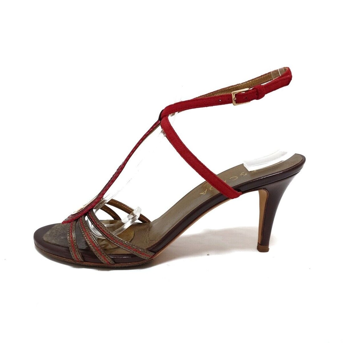 Auth ESCADA - Dark Brown Red: Auth ESCADA - Dark Brown Red Multi Leather Suede Womens Sandals Condition: Pre-owned Brand: ESCADA Style: Sandals Color: Dark Brown, Red, Multi Upper Material: Leather, Suede Accessories: Dust Bag