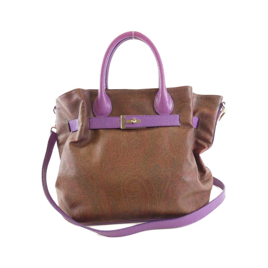 Authentic Etro 1E458 2374 Bag: Authentic Etro 1E458 2374 Bag Condition: Pre-owned Brand: Etro Style: Bag Exterior Color: BROWN+PURPLE GOLD (Hardware) Exterior Material: Coated canvas Gender: Ladies Size: WxHxD: 32cmx29