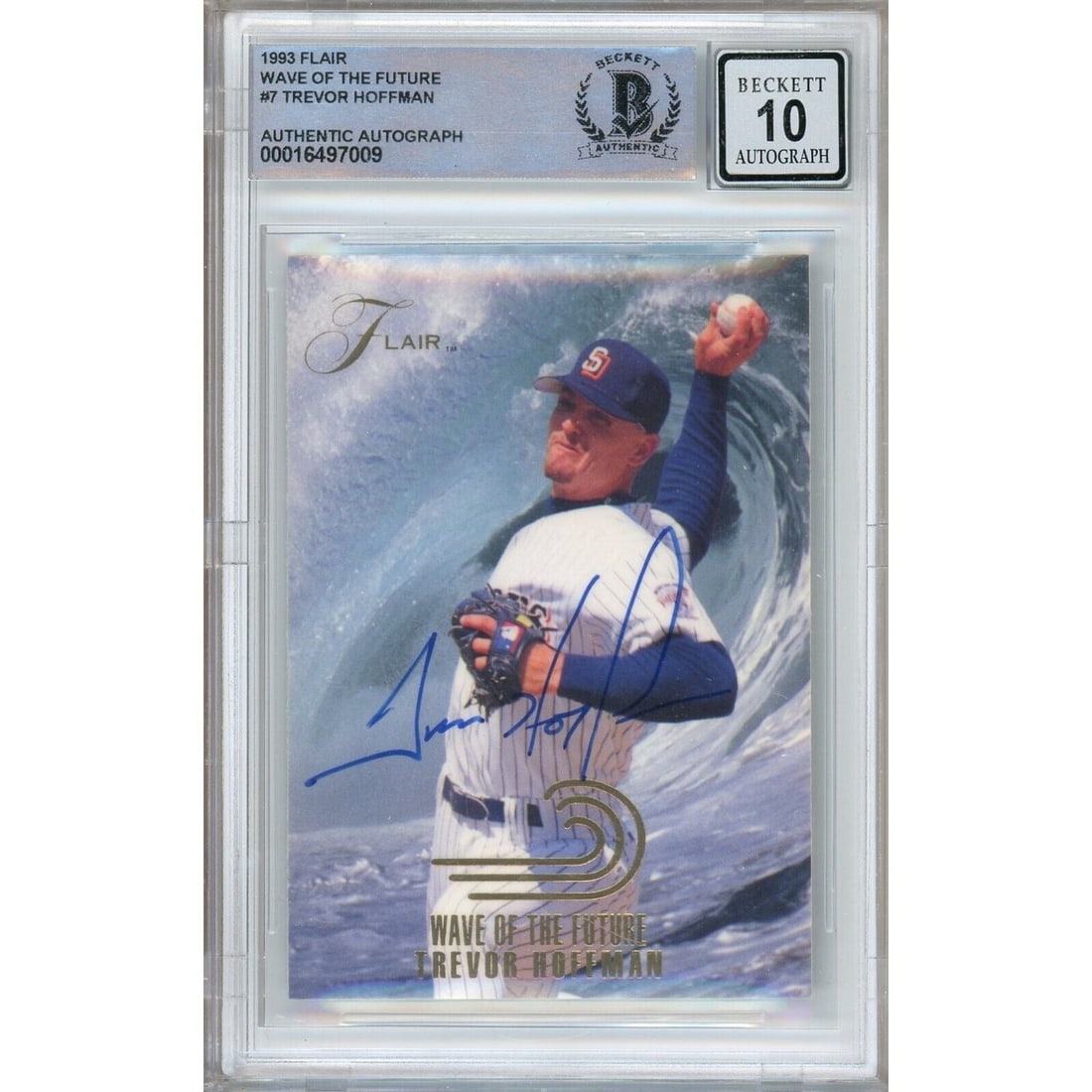 trevor hoffman padres signed 1993 flair wave of the future card BGS auto 10 graded slab: trevor hoffman padres signed 1993 flair wave of the future card BGS auto 10 graded slab This autographed 1993 Flair Wave of the Future trading card showcases San Diego Padres' Trevor Hoffman's signatu