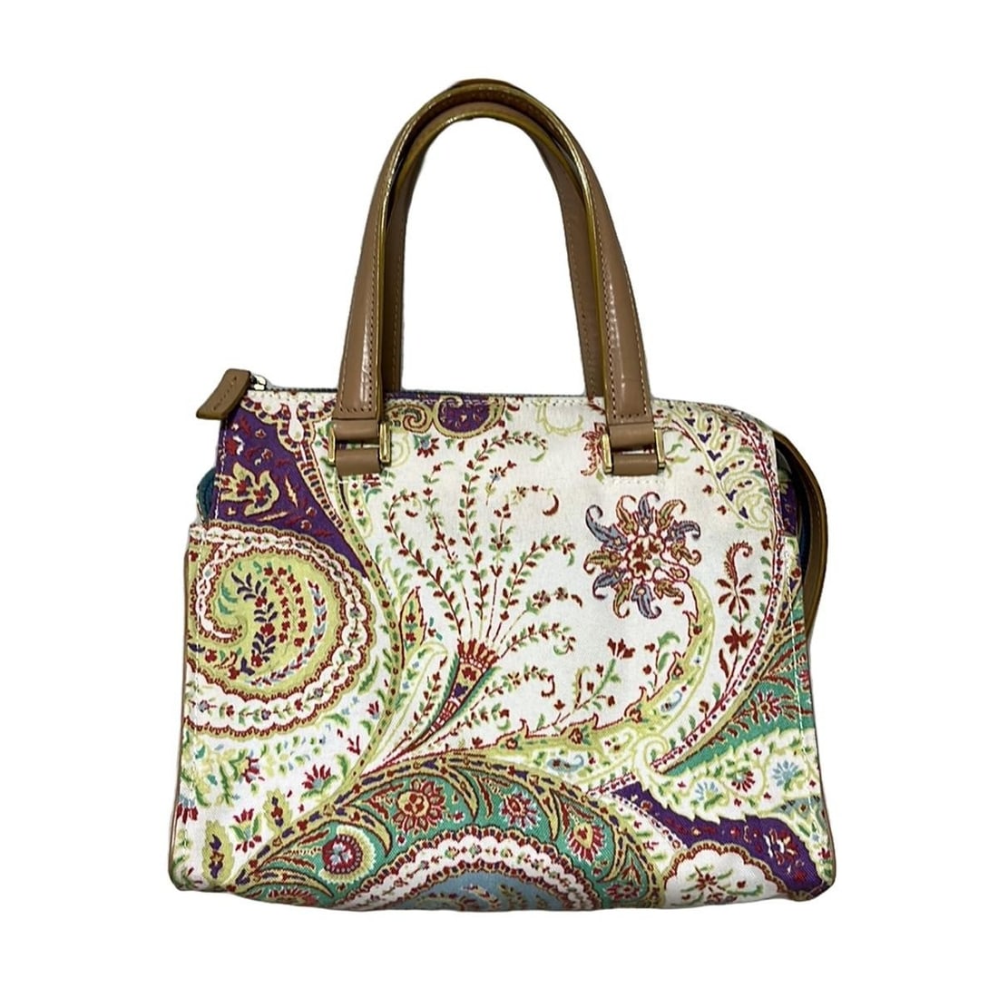 Auth ETRO - Red Light Green: Auth ETRO - Red Light Green Multi Canvas Leather Handbag Condition: Pre-owned Brand: ETRO Style: Handbag Exterior Color: Red, Light Green, Multi Exterior Material: Canvas, Leather Accessories: Pou