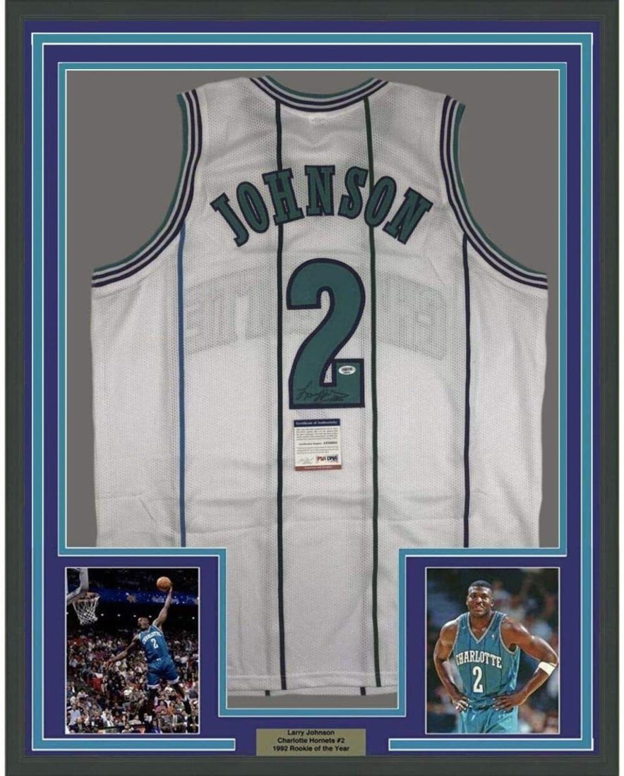 FRAMED Autographed/Signed LARRY JOHNSON 33x42 Charlotte White Jersey PSA/DNA COA: FRAMED Autographed/Signed LARRY JOHNSON 33x42 Charlotte White Jersey PSA/DNA COA FRAMED Autographed/Signed LARRY JOHNSON 33x42 Charlotte White Jersey PSA/DNA COA Guidelines for Bidding We recommend fo