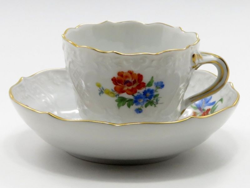 MEISSEN Cup & Saucer Basic Flower: MEISSEN Cup & Saucer Basic Flower Bouquet Embossed Flowers Demitas C&S 1 Condition: Used Brand: MEISSEN Country: Japan SN: MOR_0820 Type: Cup & Saucer Color: multicolor Pattern: NA <b