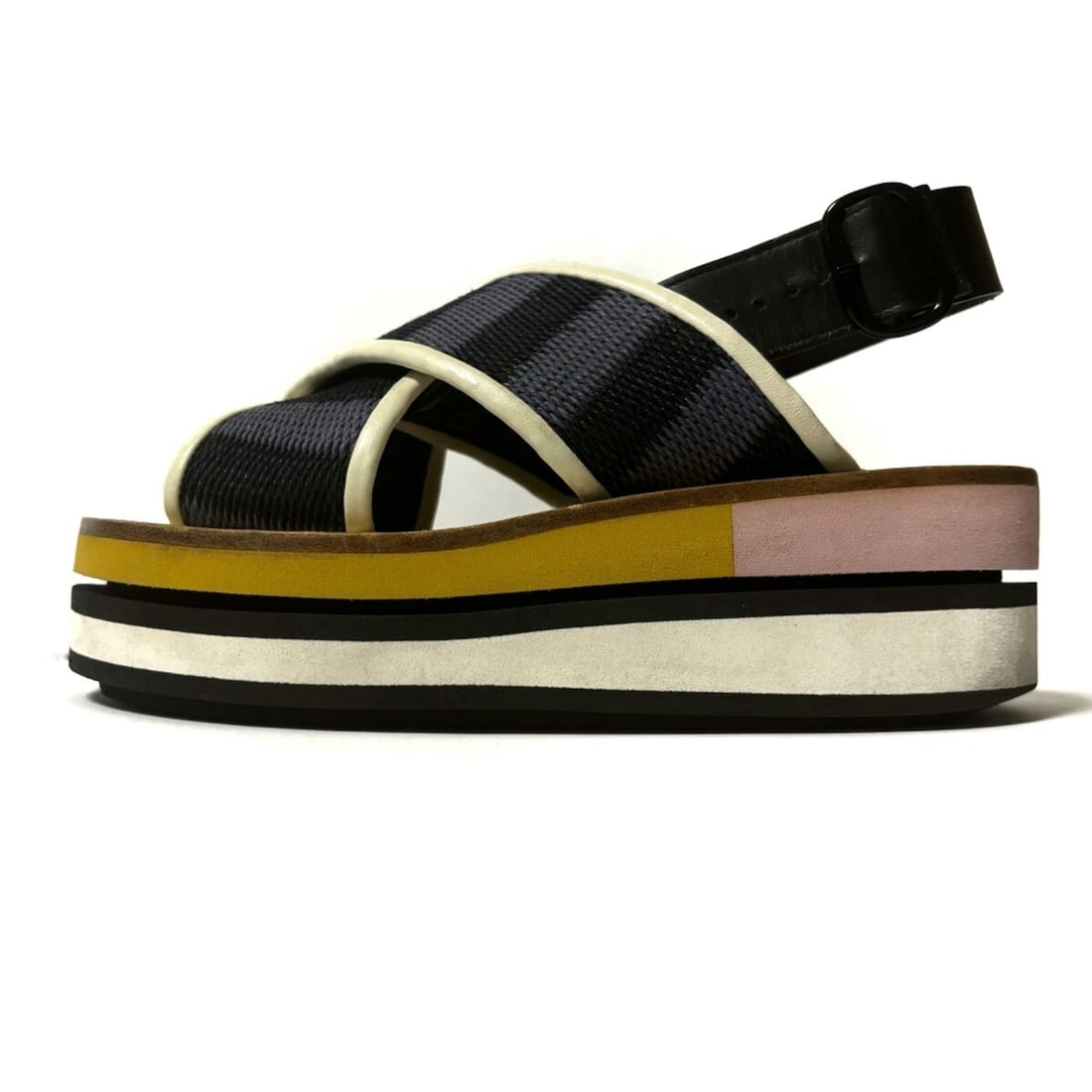 Auth MARNI - Black Navy Cream: Auth MARNI - Black Navy Cream Cotton Leather Womens Sandals Condition: Pre-owned Brand: MARNI Style: Sandals Color: Black, Navy, Cream Upper Material: Cotton, Leather Accessories: Box Con