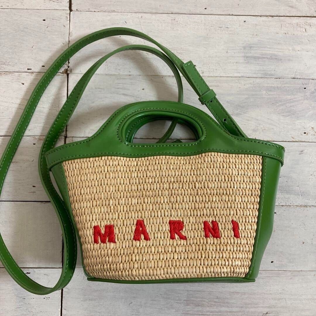 MARNI 2way bag Tropicalia Micro Straw: MARNI 2way bag Tropicalia Micro Straw Green 4.3*5.7*3.9 inch Condition: Pre-owned Brand: Marni Department: Women Exterior Color: Green Style: Shoulder Bag Exterior Material: Leather