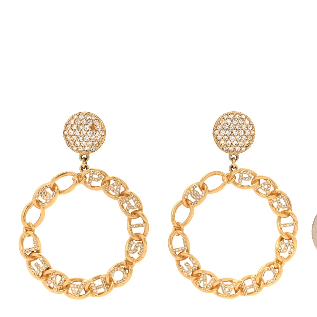 Chanel Crystal CC Round Logo Drop: Chanel Crystal CC Round Logo Drop Earrings Gold Brand: CHANEL Condition: Shows Wear Condition Details: Hardware: Scratch(es), Other: Missing crystal(s), , Box, Pouch, Due to grading limitations impose