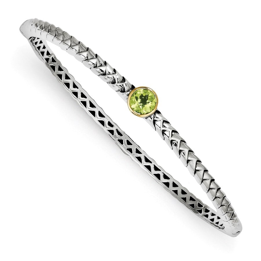 Sterling Silver w/14k Peridot Bangle Bracelet: Sterling Silver w/14k Peridot Bangle Bracelet SKU no: RBJ113985 Metal: Sterling Silver Purity: 14k Finish: Polished & Antiqued Chain Width: 6 mm Clasp/Connector: Box Catch Stone Type: Per