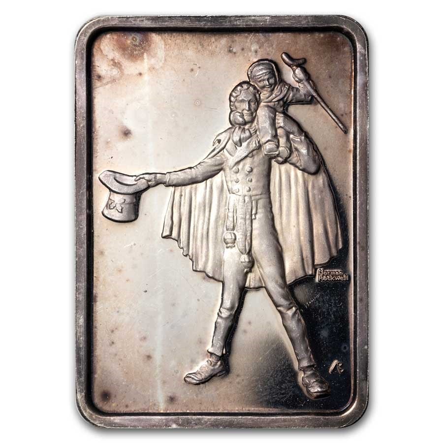 1 oz Silver Bar - Norman: 1 oz Silver Bar - Norman Rockwell (Random Motif) SKU no: RBJ298575 Grade: None Grade Service: None Mint Mark: N/A - Not Available Metal Content: 1 troy oz Purity: .999 Guidelines for