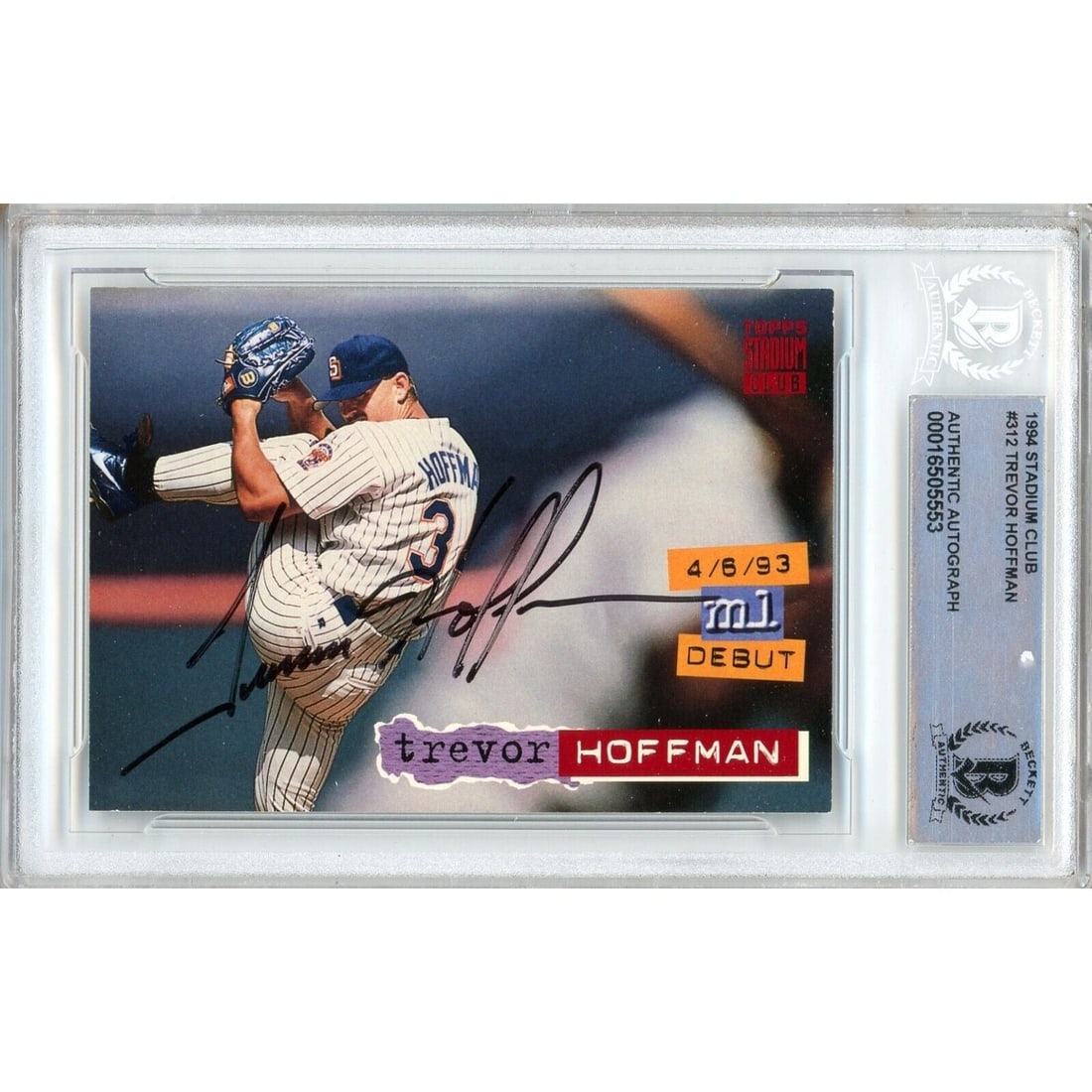 trevor hoffman san diego padres signed: trevor hoffman san diego padres signed 1994 stadium club card beckett authentic auto slab This autographed 1994 Topps Stadium Club baseball card of Trevor Hoffman is a must-have for any San Diego Padr