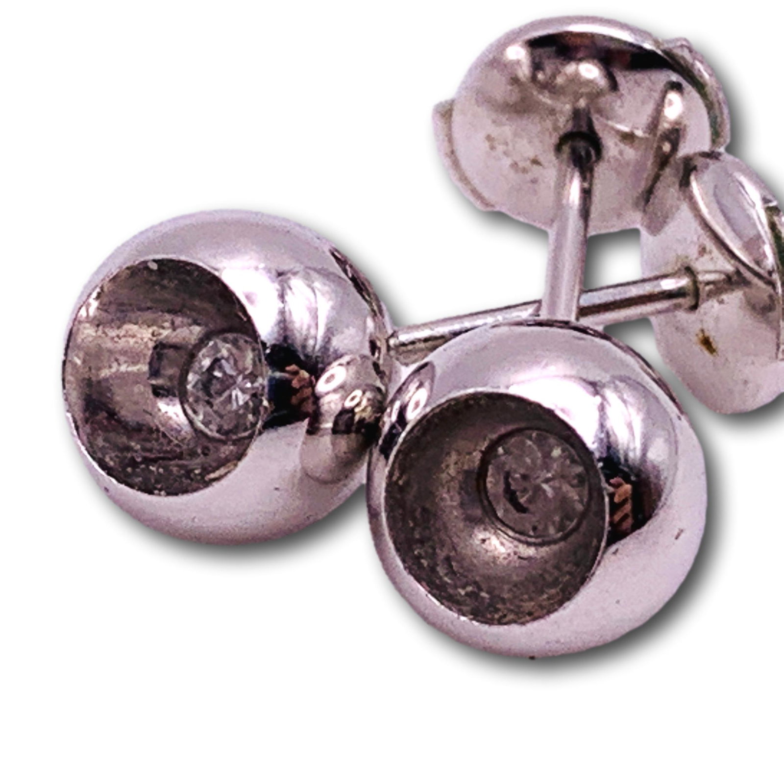 French Mecan 18K White Gold Ball Earrings with Diamond Center (1 of 3)