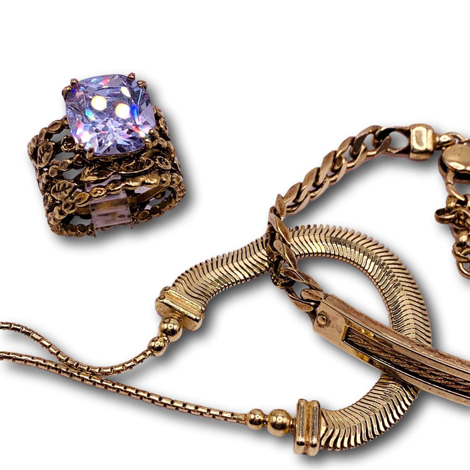 Gold Plated Sterling Silver Designer Set: Ring is marked Israel 925 and measures a size 8. ID style bracelet is adjustable from 7 to 8 inches and marked Dyadema 925 Italy, second bracelet also adjustable to 8 1/2".