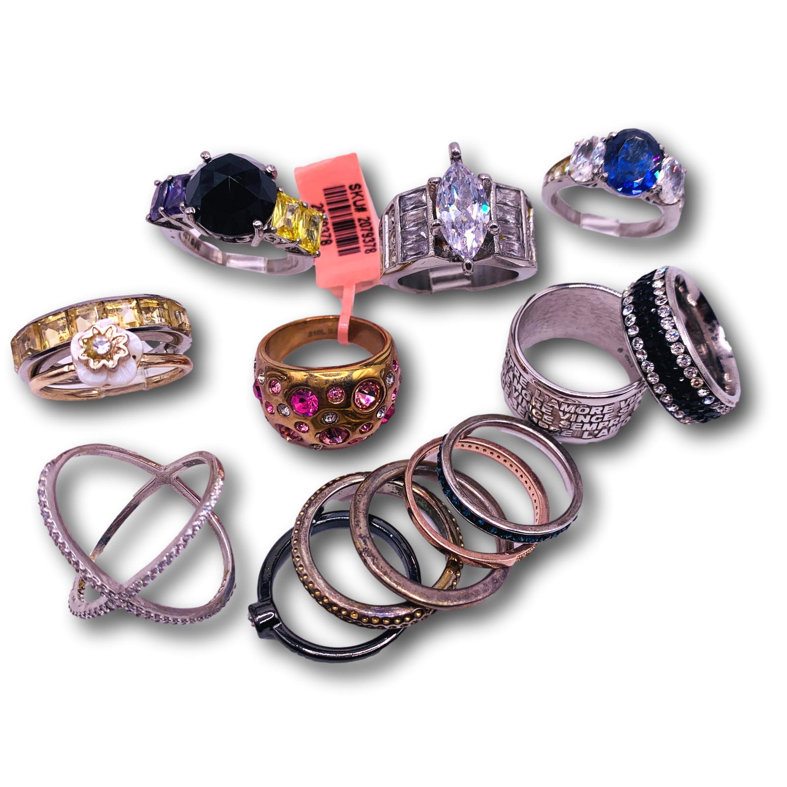 It's a Ring Thing Assorted Costume Rings: Large band is signed B Italy and is size 8 1/2, black and white stone band is marked K and size 7 1/4, faux blue sapphire ring is size 7 1/4, X band is 7 1/2, sparkling polka dot ring is size 7, marqu