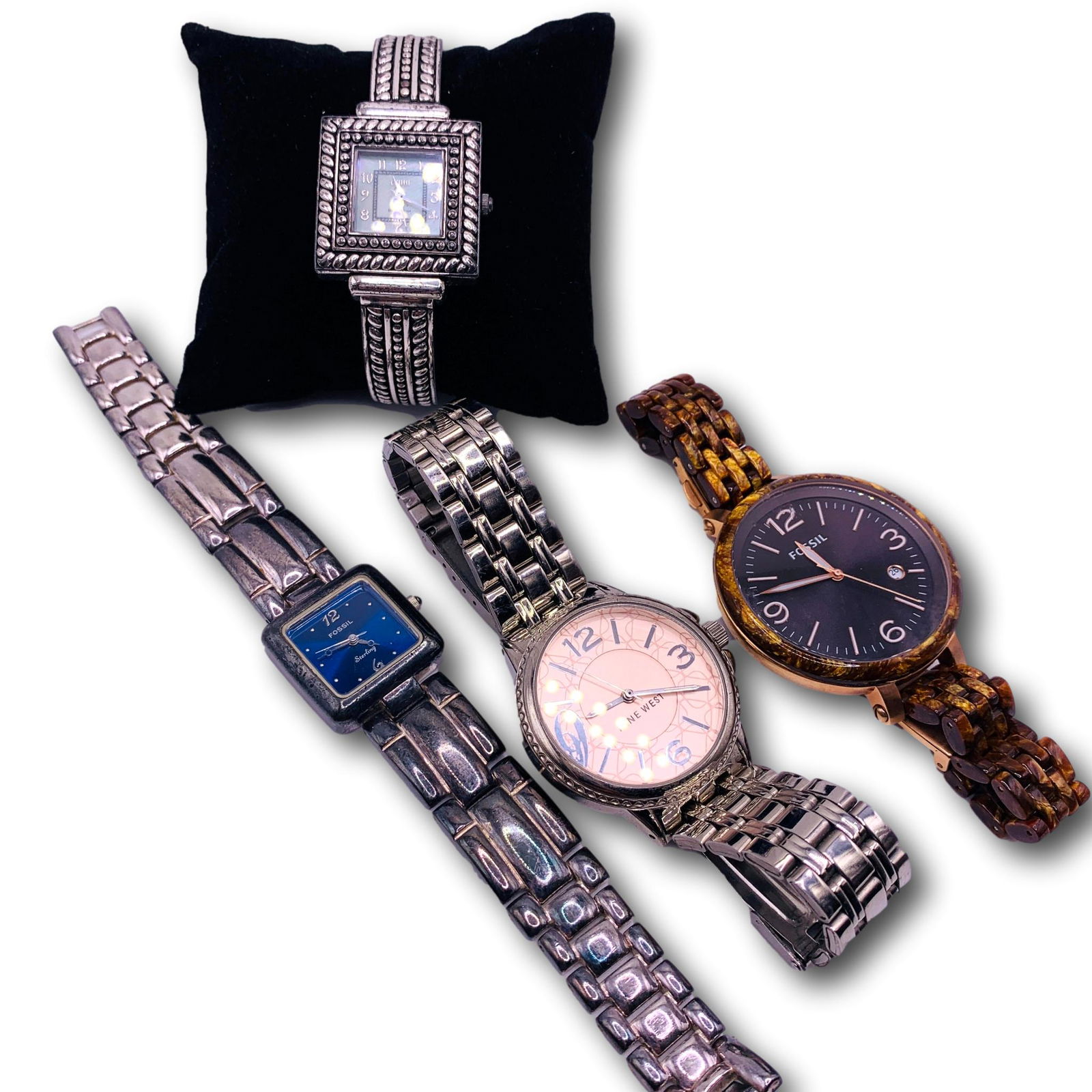 Sterling Silver Fossil and Eclasse Watches with Others: All watches will require new batteries. This is a costume jewelry and watch lot. Items are as shown in the photos.