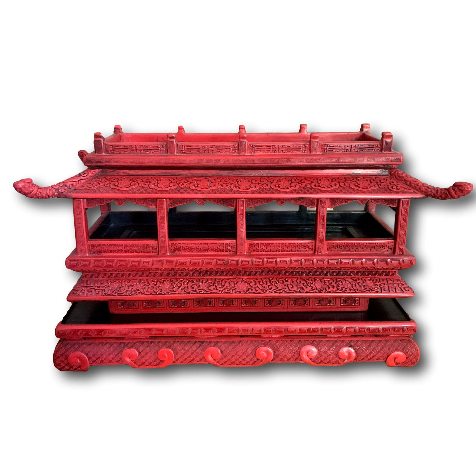 Large Unusual Vintage Chinese Cinnabar Carved Lacquer Pavilion (1 of 17)