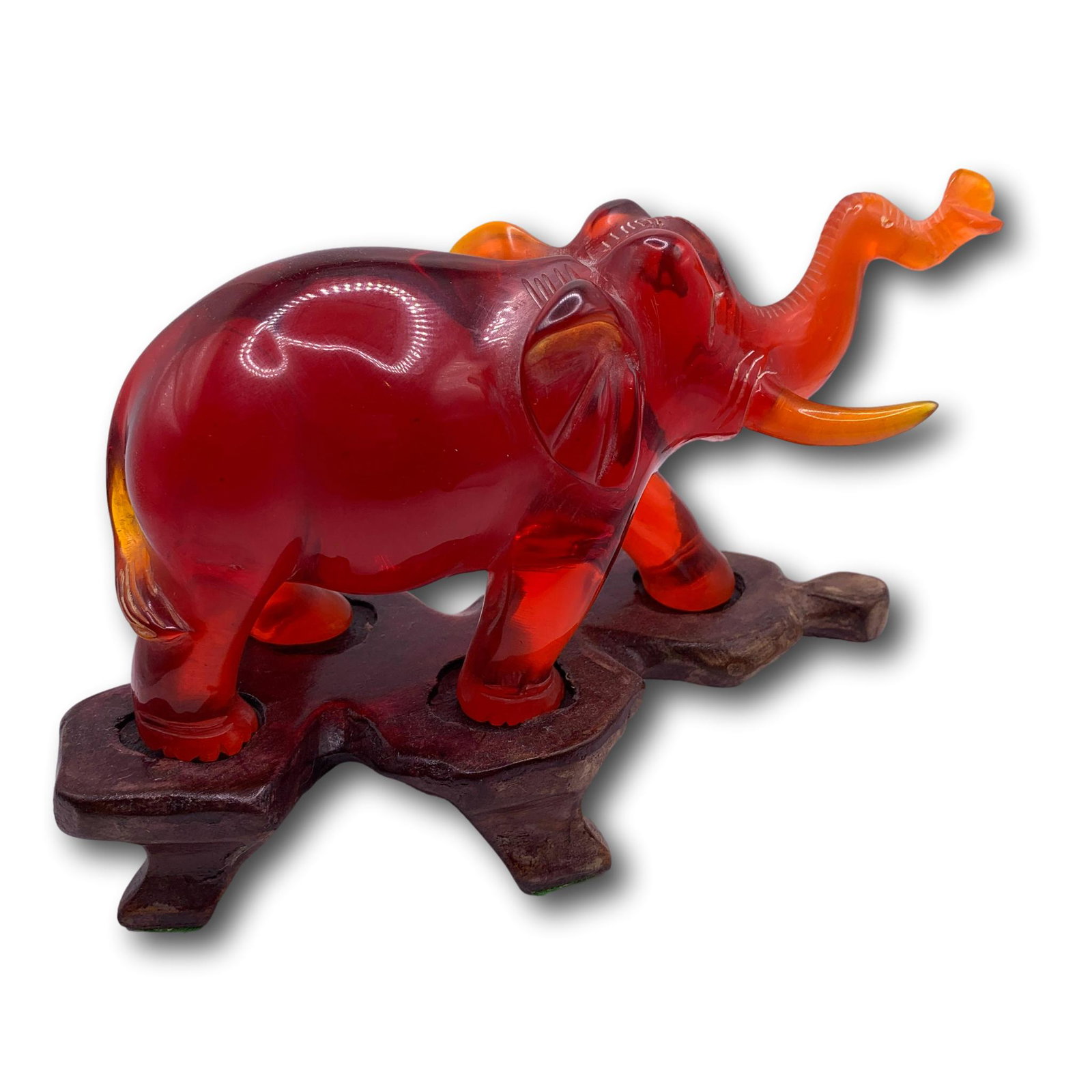 Vintage Chinese Amber Colored Resin Elephant Carving on Stand (1 of 5)