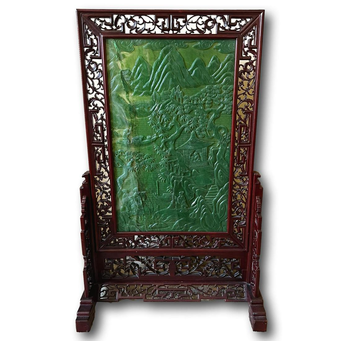 A Large Chinese Spinach Jade Floor Screen Depicting a Garden Scene (1 of 13)