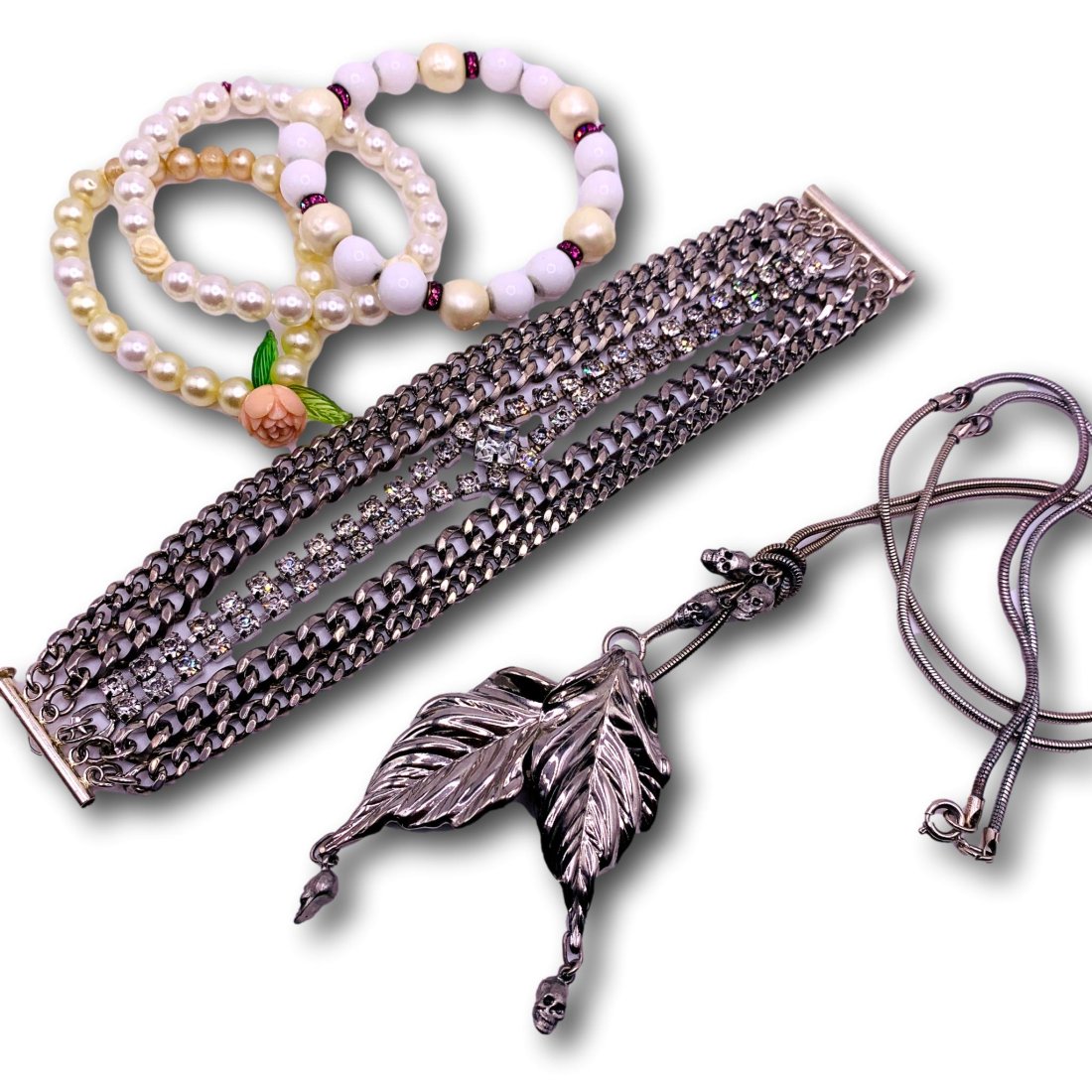 Lot of Vintage Jewelry including Sterling Silver Skull Chain (1 of 6)