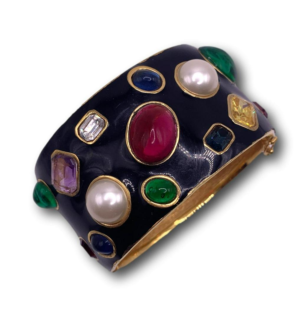 Vintage Ciner Black Enamel and Faux Gemstone Cuff Bracelet (1 of 9)