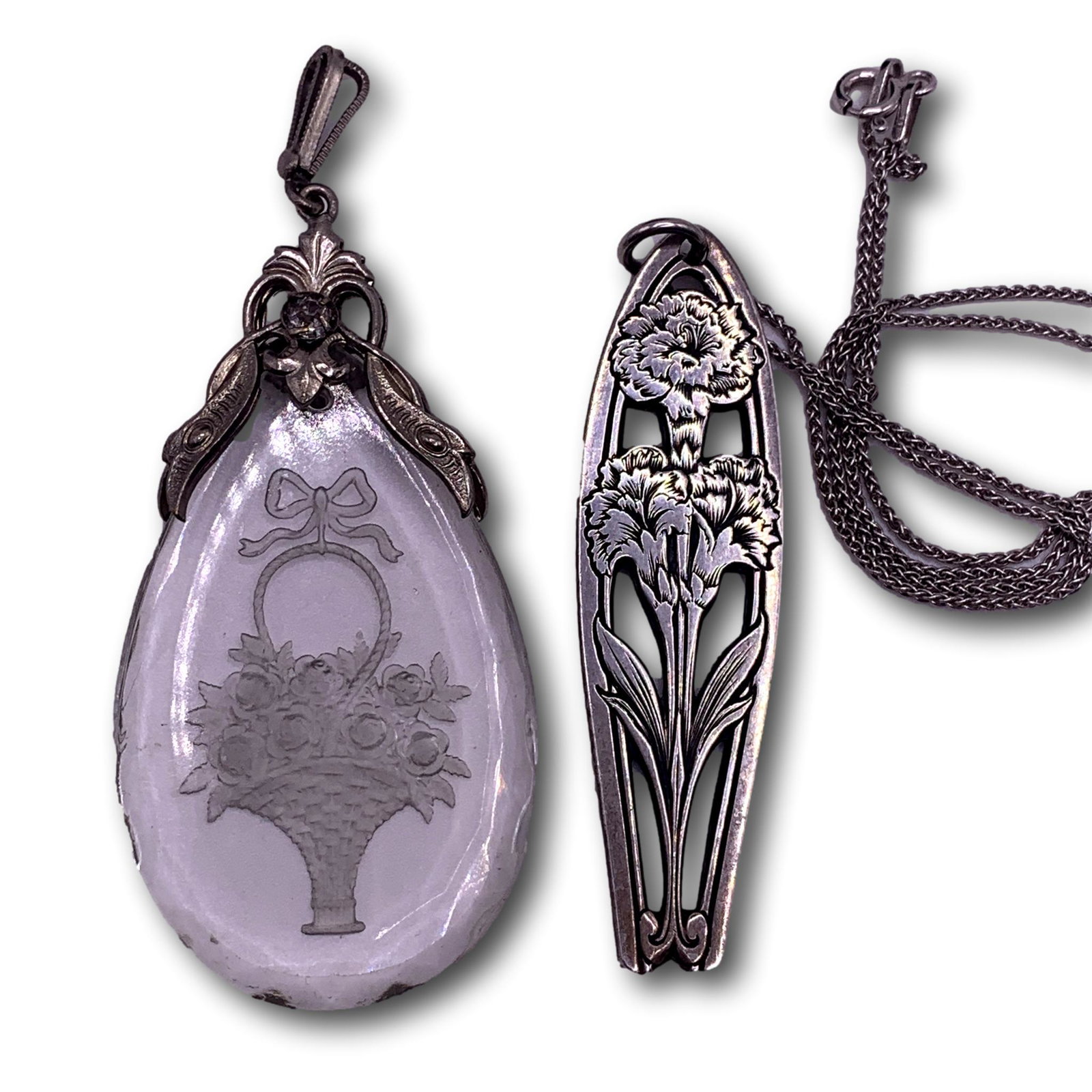 Antique Glass Intaglio Flower Basket Pendant and Art Nouveau Sterling Silver Pendant: Each pendant measures approximately 2 1/8". Chain measures 18"L. All measurements are approximate. SHIPPING Buyer Pays Shipping Cost. This item is available for local pick-up in Glenview, IL. Shipping