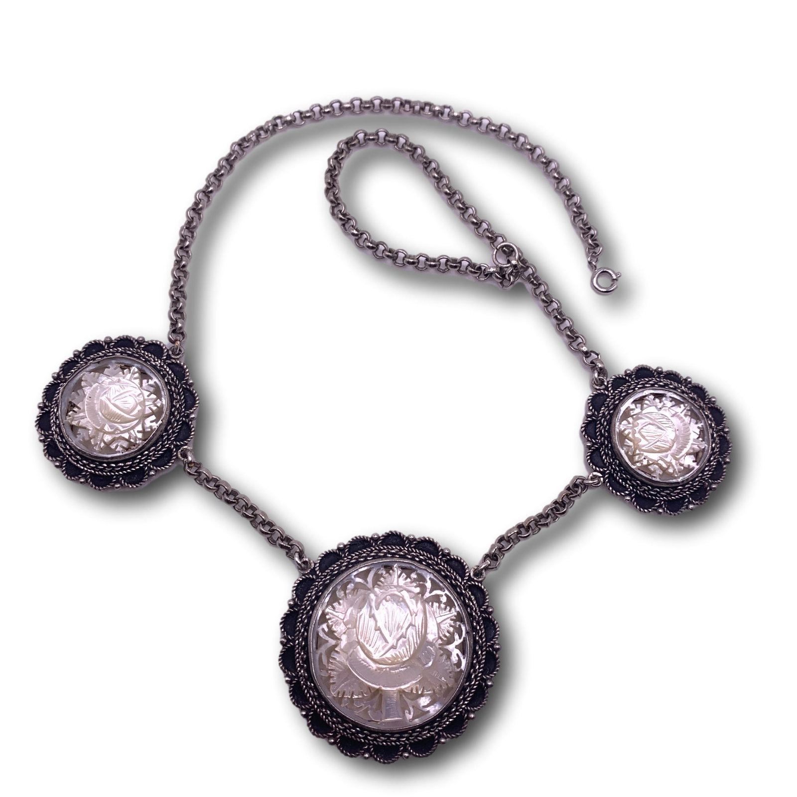 Sterling Silver and Carved Mother of Pearl Jerusalem 925 Silver 3 Medallions Necklace (1 of 5)