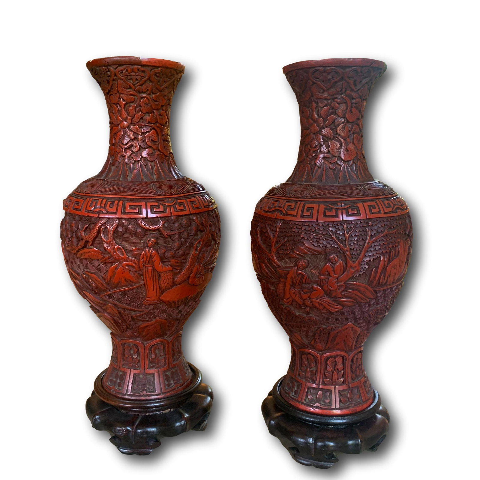 Pair of Antique Chinese Carved Cinnabar Lacquer Vases (1 of 14)