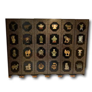 Antique Chinese Room Divider Screen with 24 Jade Stone Sculptures: This is an amazingly detailed room divider screen with 24 large Jade stone sculptures and petit point mother of pearl design throughout. All hinges remain but may need adjustment as this piece has