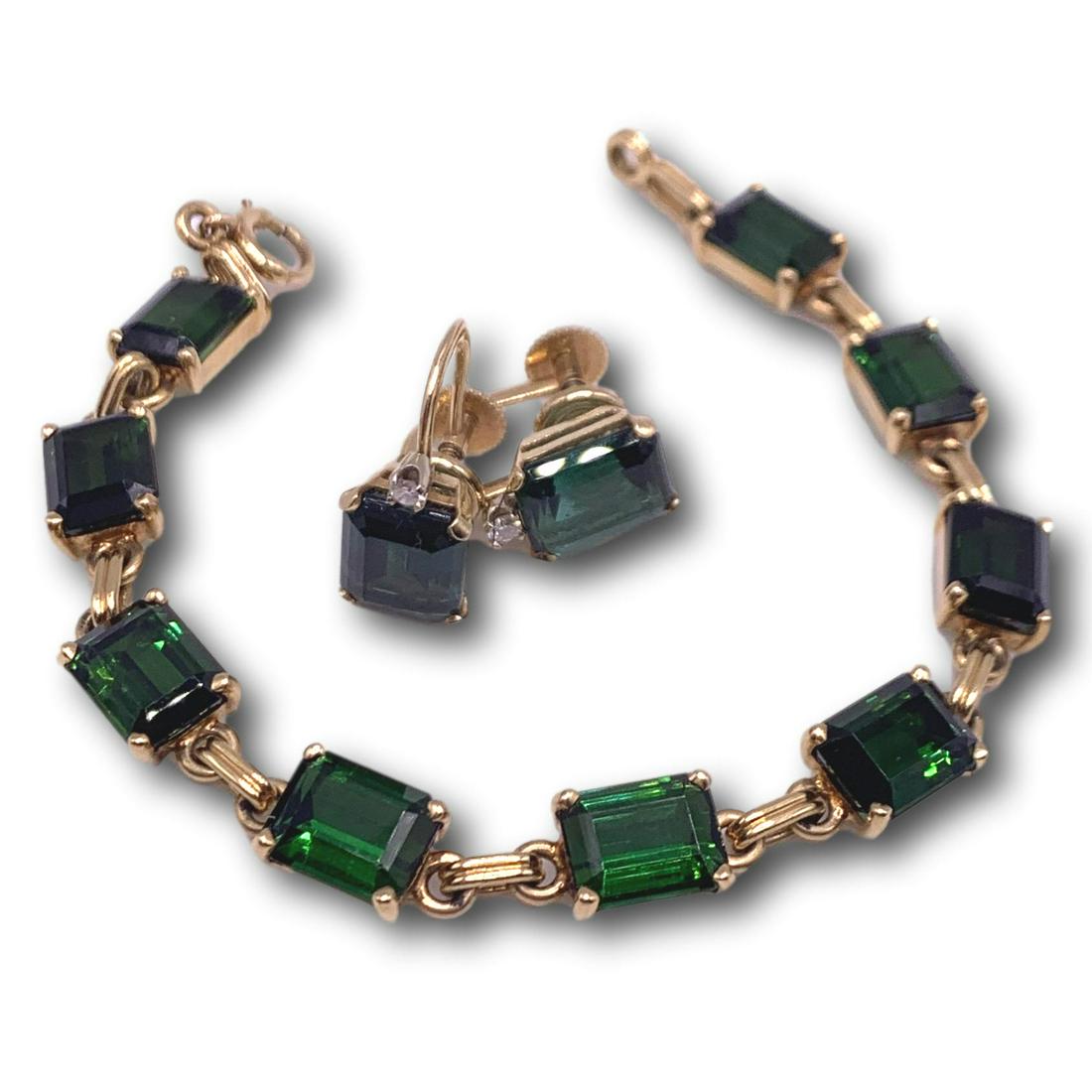 14K Gold Bracelet and Earrings with Emerald Cut Green Stones (1 of 3)