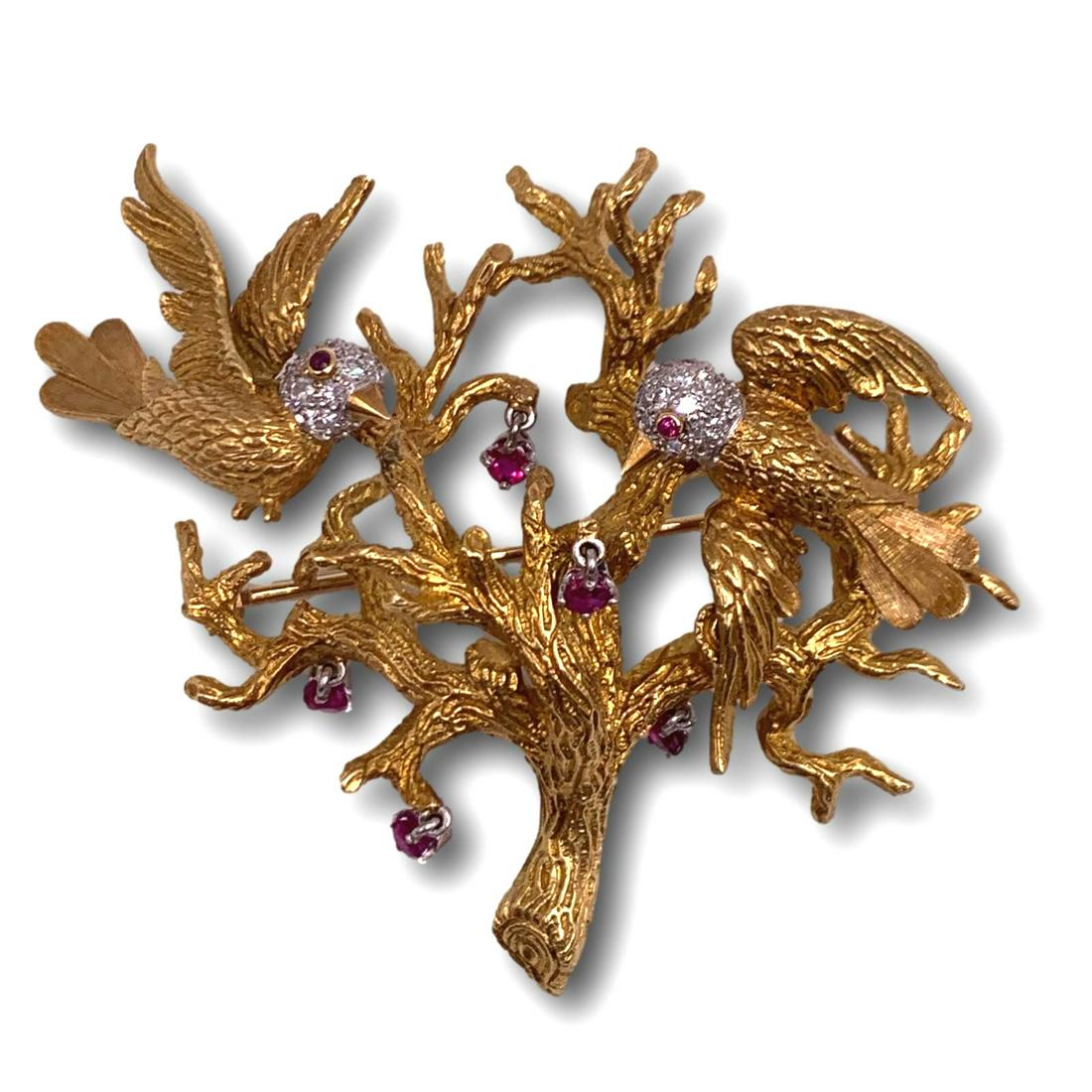 Stunning 18K Gold Diamond & Ruby Brooch with Spring Mounted Birds (1 of 5)
