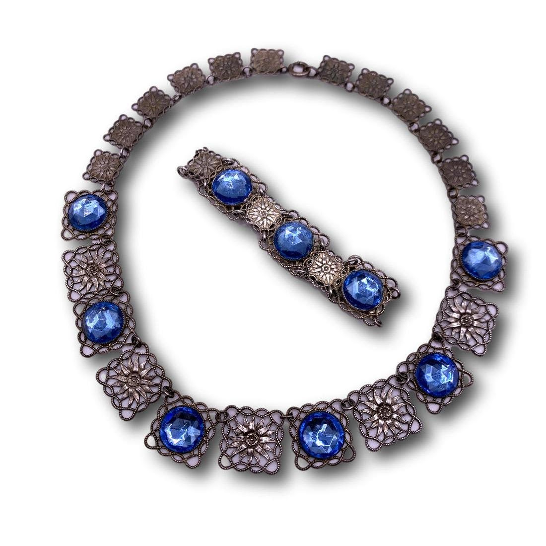 Vintage Filigree Silver Tone Necklace and Bracelet with Blue Stones (1 of 6)