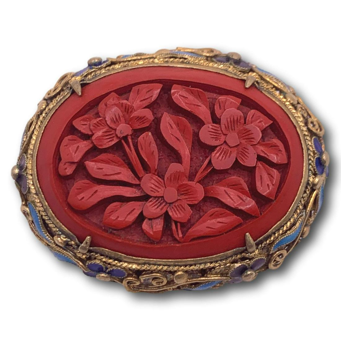 Vintage Chinese Cinnabar & Enamel Gold Washed Sterling Silver Pin Brooch (1 of 6)