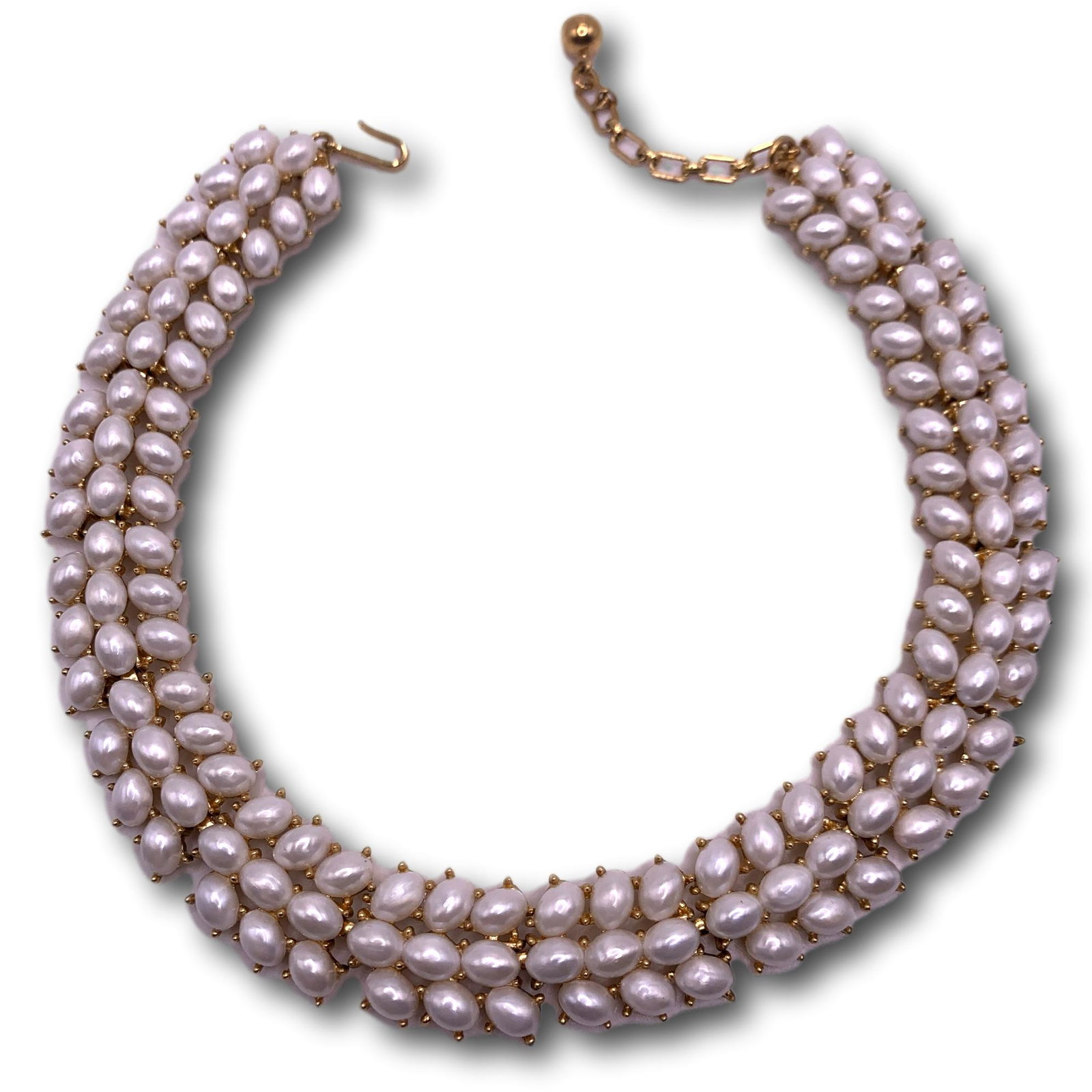 Trifari Faux Pearl Choker: Measures 13" x 3/4". This item is available for local pickup in Glenview, IL, or via shipment through LiveShipping.