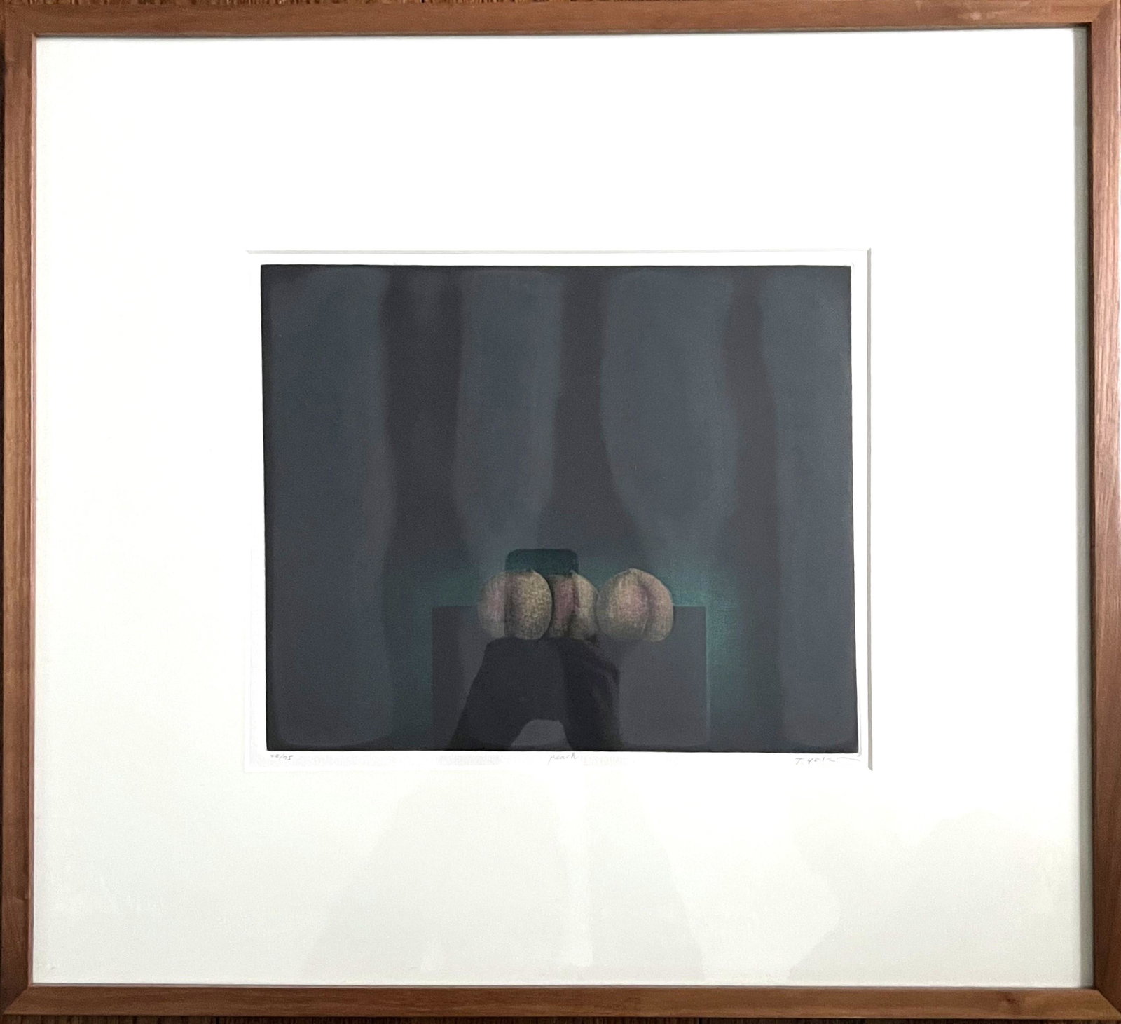 Tomoe Yokoi "Peach" Signed and Numbered Mezzotint: Tomoe Yokoi "Peach" Signed and Numbered Mezzotint. Measures 22" x 25". LOCAL PICK-UP in Glenview, IL. SHIPPING is provided through LiveAuctioneer's "LiveShipping" service, or self-arranged through you
