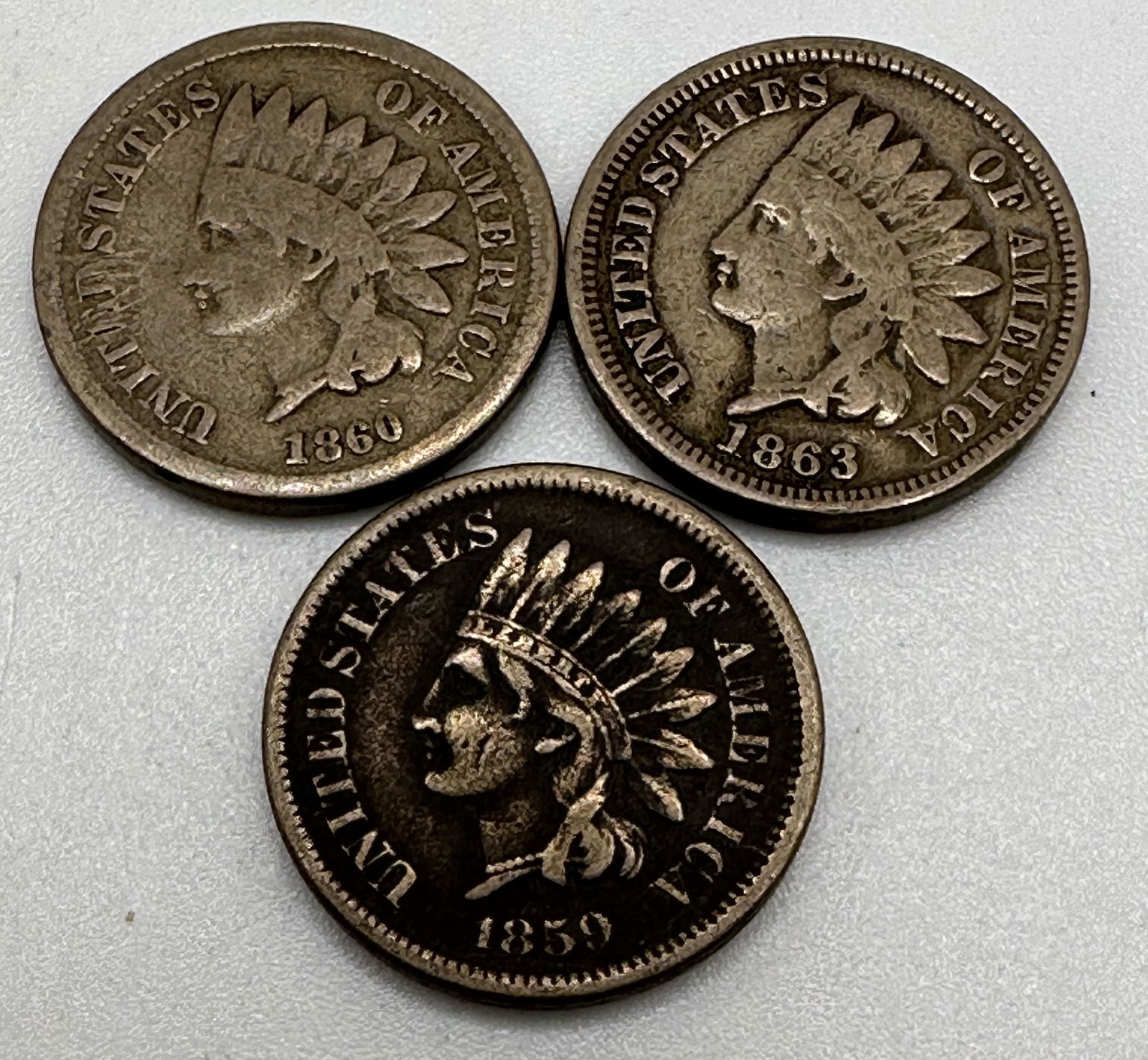 Lot of Three Indian Head Cents - 1859, 1860, 1863 (1 of 3)