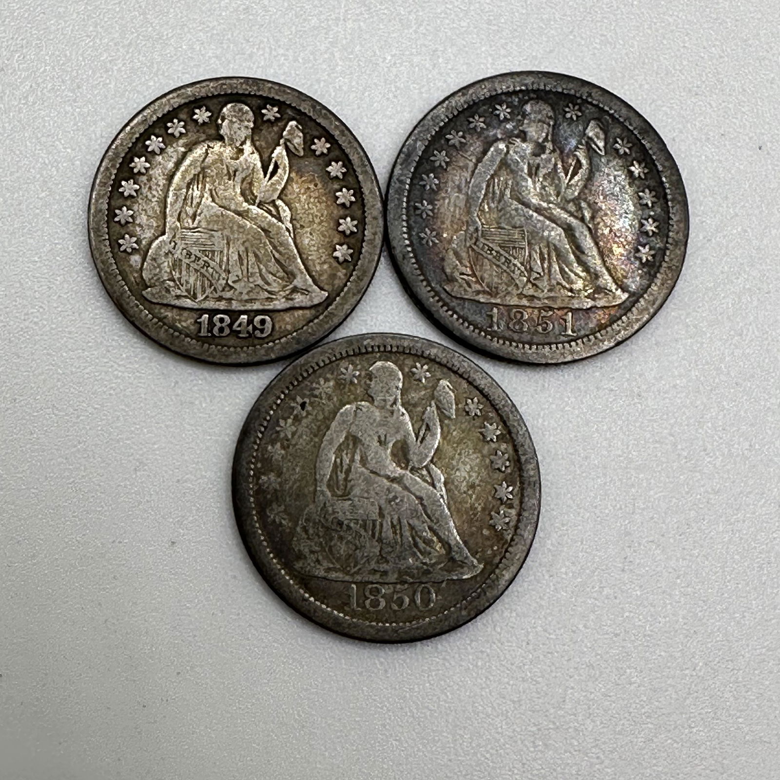 Lot of Seated Liberty Dimes, 1849, 1850, 1851 O (1 of 5)