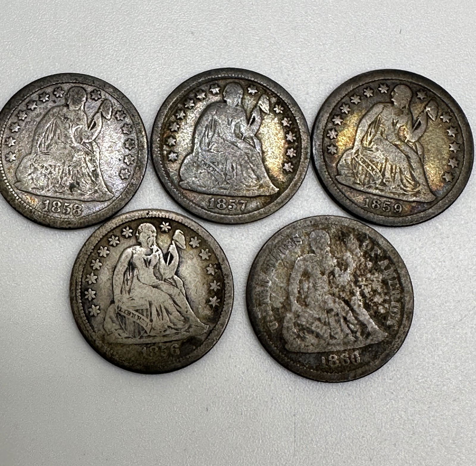 Lot of Five Seated Liberty Dimes 1856-1860 (1859 O) (1 of 7)