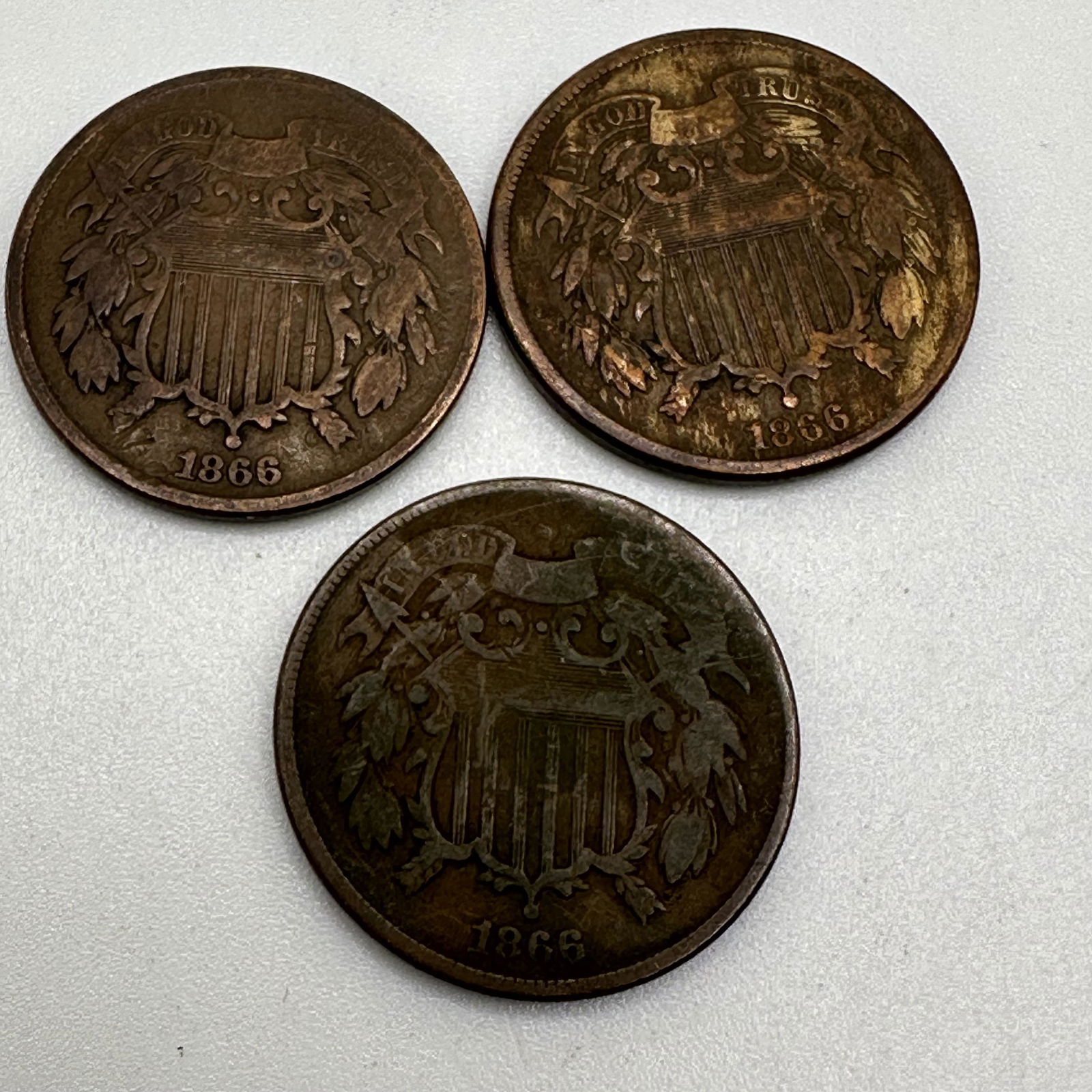 1866  Lot of Three 1866 Shield Two Cent Pieces (1 of 2)