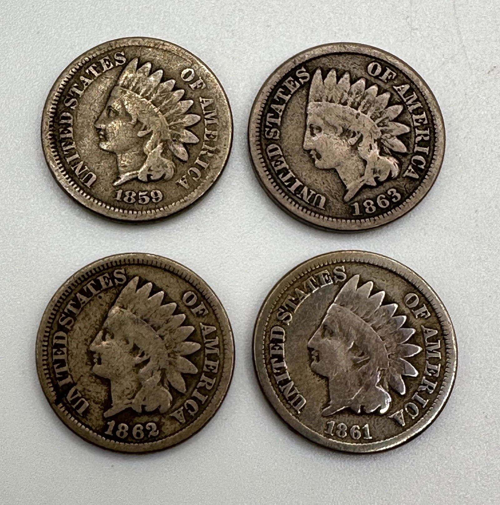 Lot of Four Indian Head Cents 1859, 1861-1863 (1 of 4)
