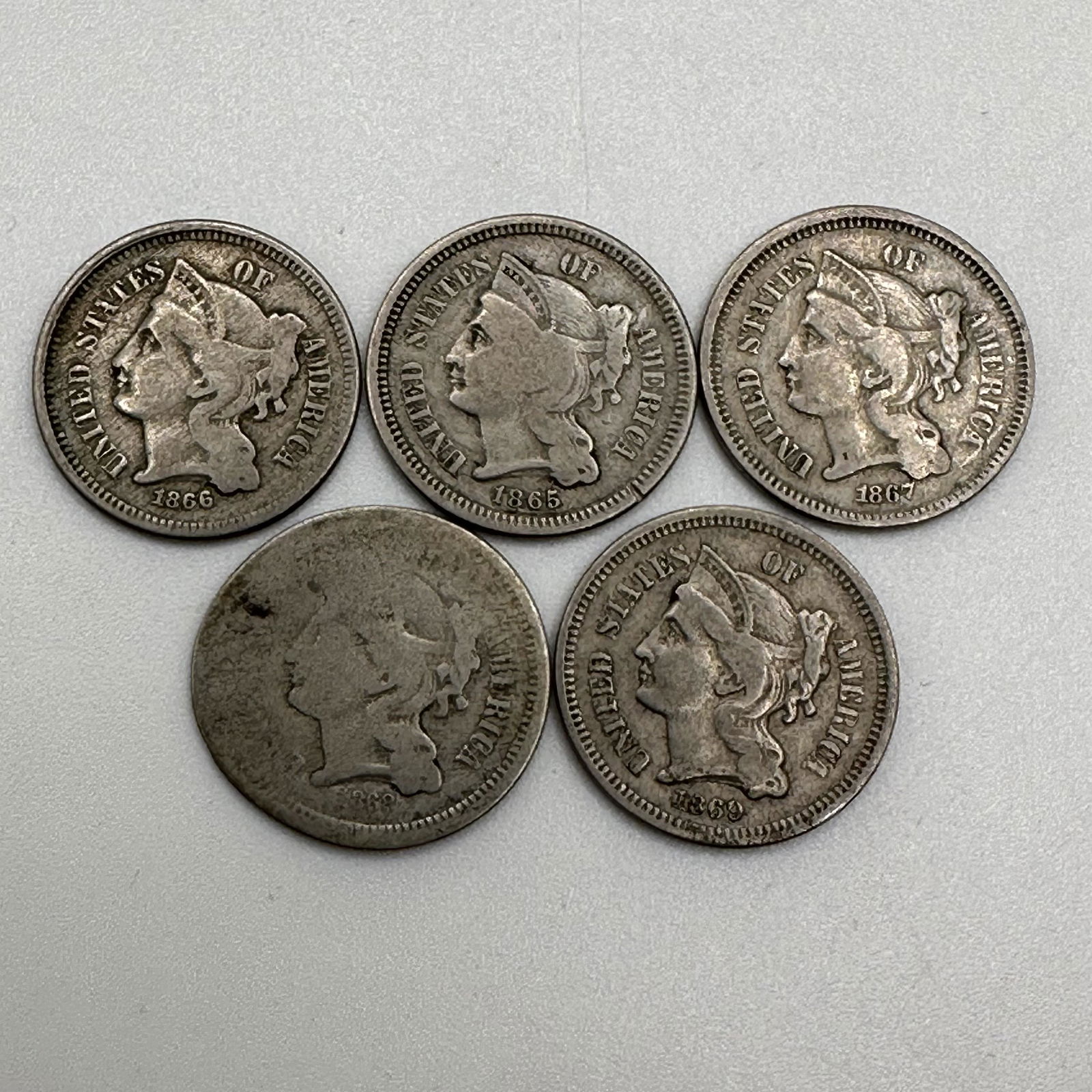 Lot of Five - Three Cent Nickels 1865-1869 (1 of 6)