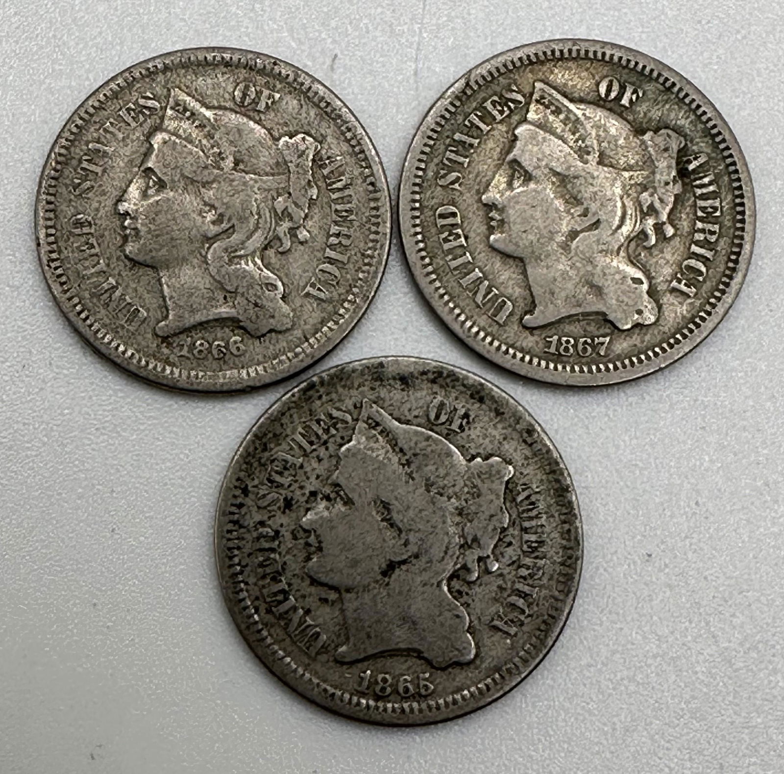 Lot of 3 - Three Cent Nickels 1865, 1866, 1867 (1 of 2)