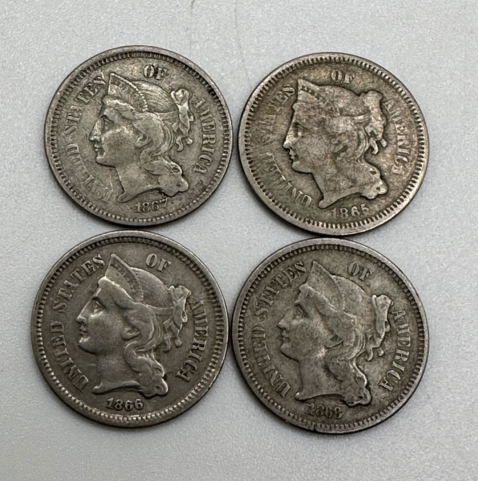 Lot of Four - Three Cent Nickels 1865-1868 (1 of 6)