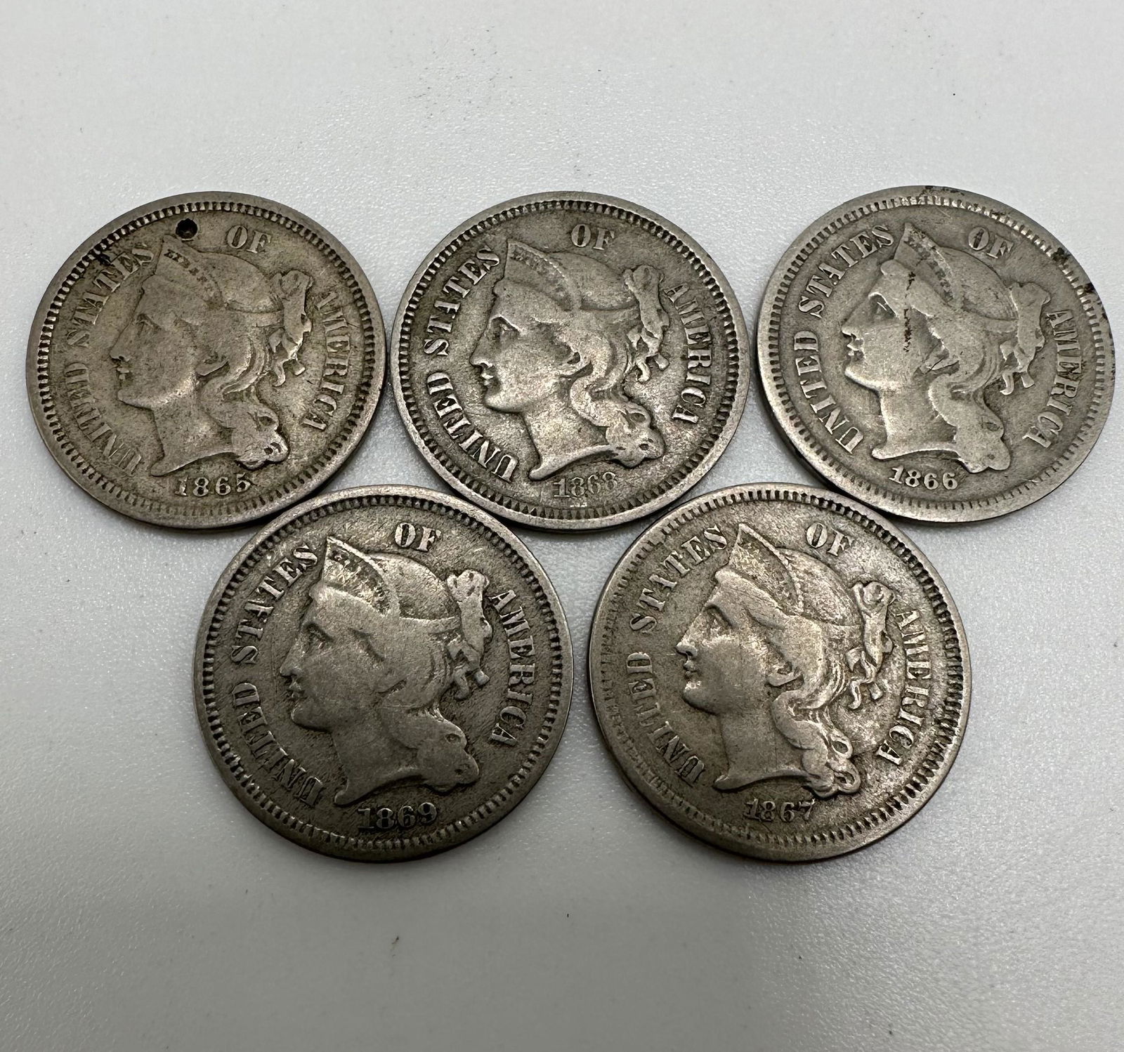 Lot of Five Three Cent Nickels 1865-1869 (1 of 4)