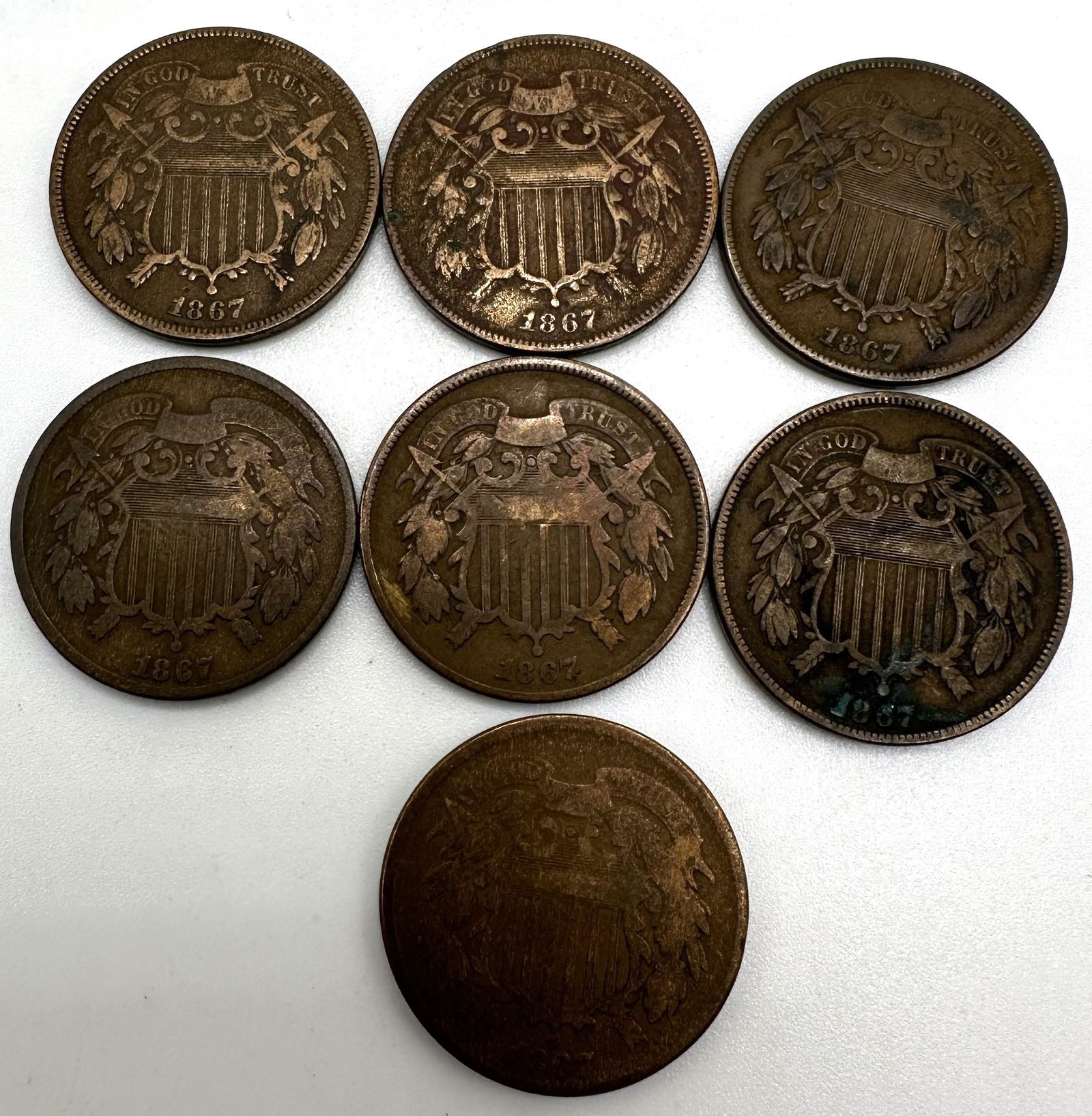 Lot of Six 1867 Two Cent US Coins (1 of 2)