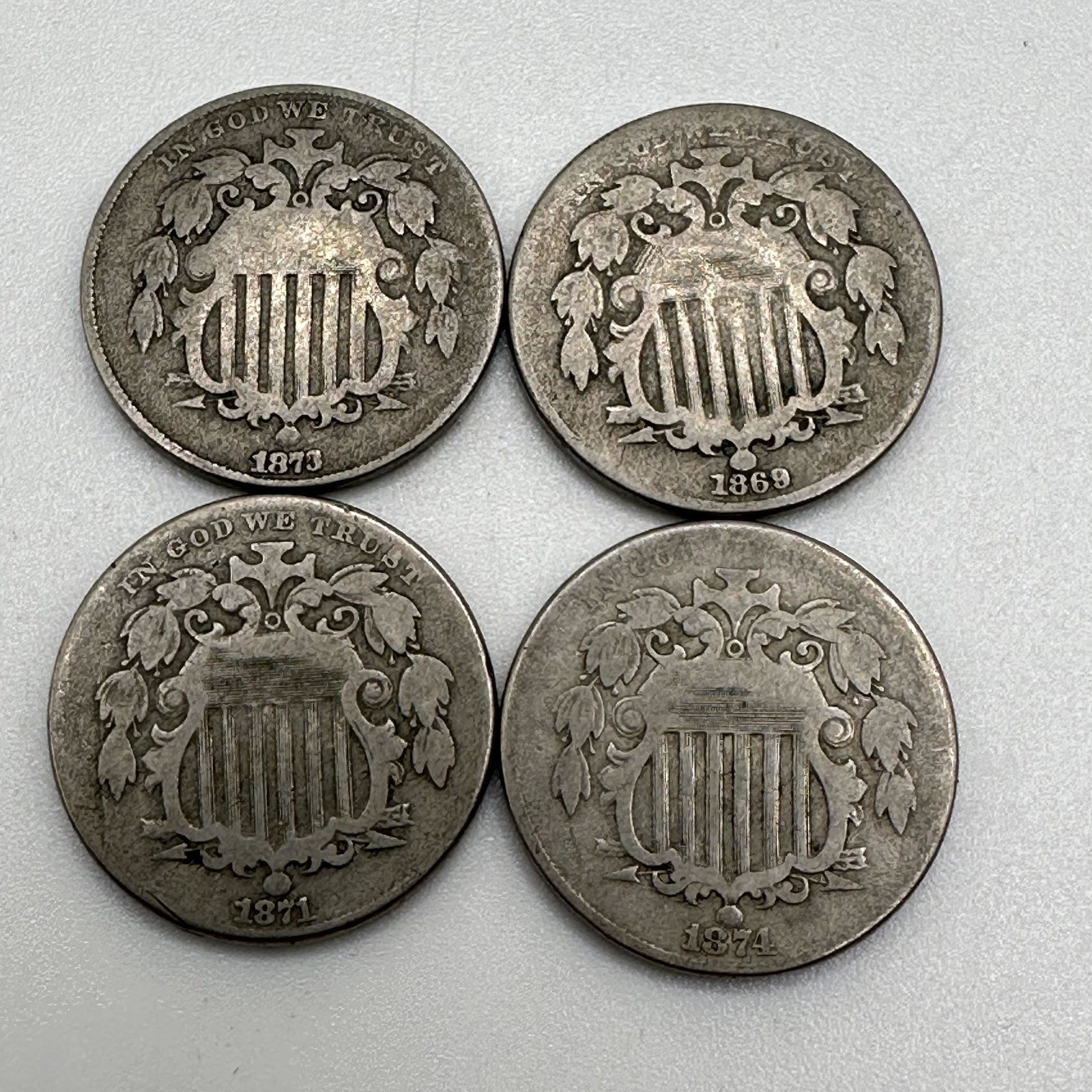 Lot of Four Shield Nickels Five Cents 1869, 1871, 1873, 1874 (1 of 6)