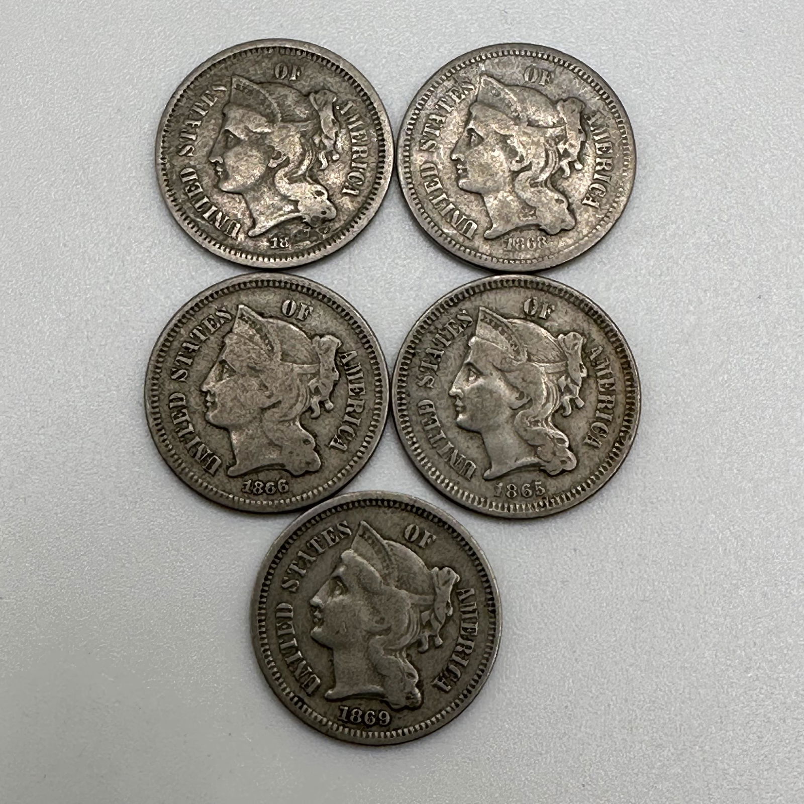 Lot of Five 1865-1869 Three Cent Nickels (1 of 7)