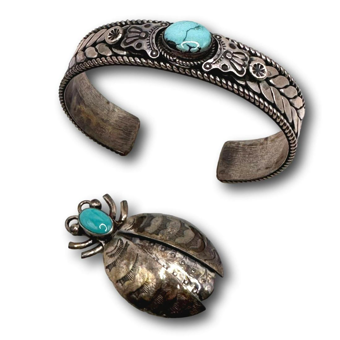 Sterling Silver Southwestern Cuff Bracelet & Beetle Pin (1 of 10)